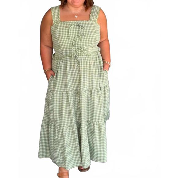 NEW ODDI gingham tie front scalloped trim midi dress in light olive - Picture 1 of 2
